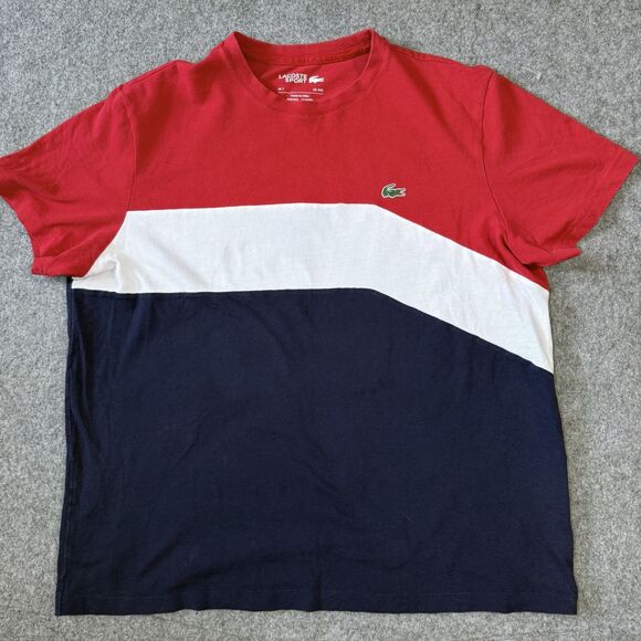 Lacoste Sport Shirt Mens 2XL Red White Navy Blue Colorblock Crewneck Tee Logo - Picture 1 of 9